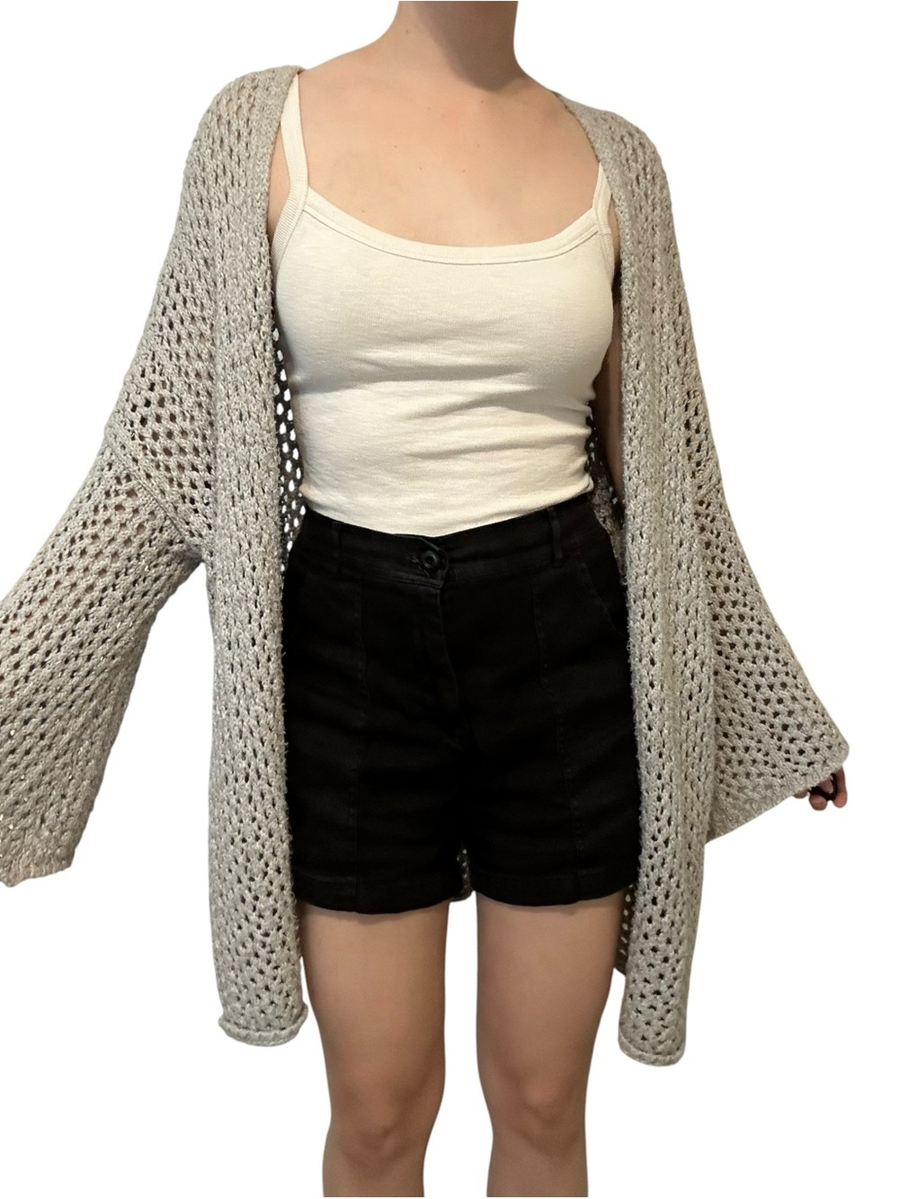 Aerie American Eagle Cardigan Knit Flare Sleeve Gray Boho Long Flowy Size Medium